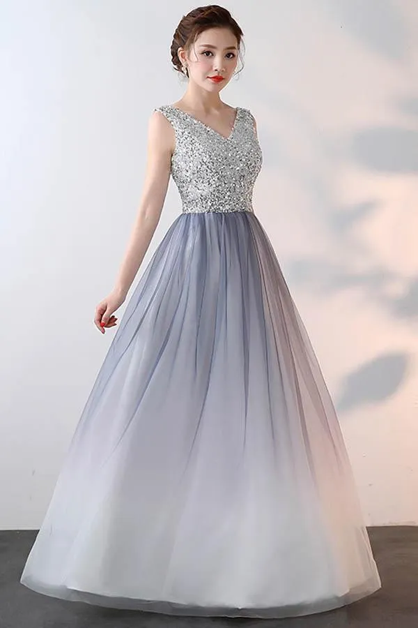 Simple A Line V Back Ombre With Sequins Prom Dresses