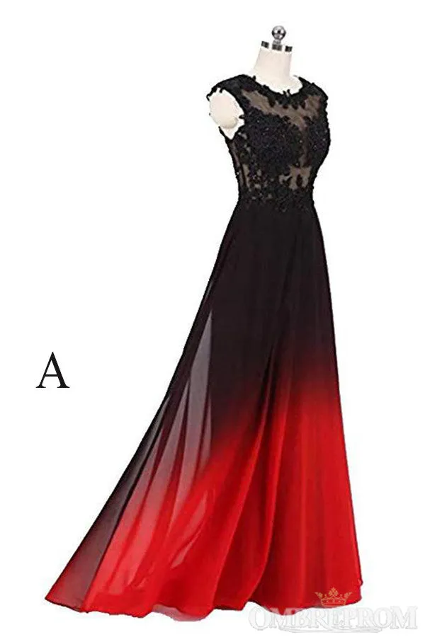 Simple Round Neck Lace Appliques Ombre Prom Dresses