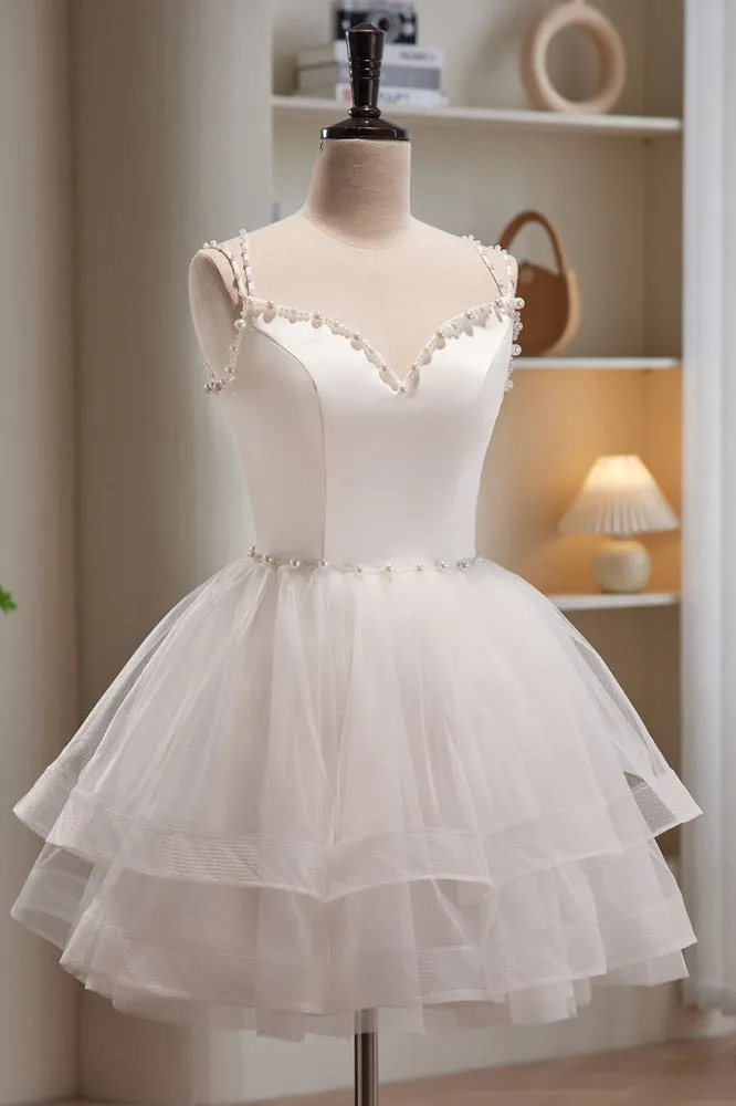 Simple White Spaghetti Straps Beading Tulle Short Homecoming Dresses