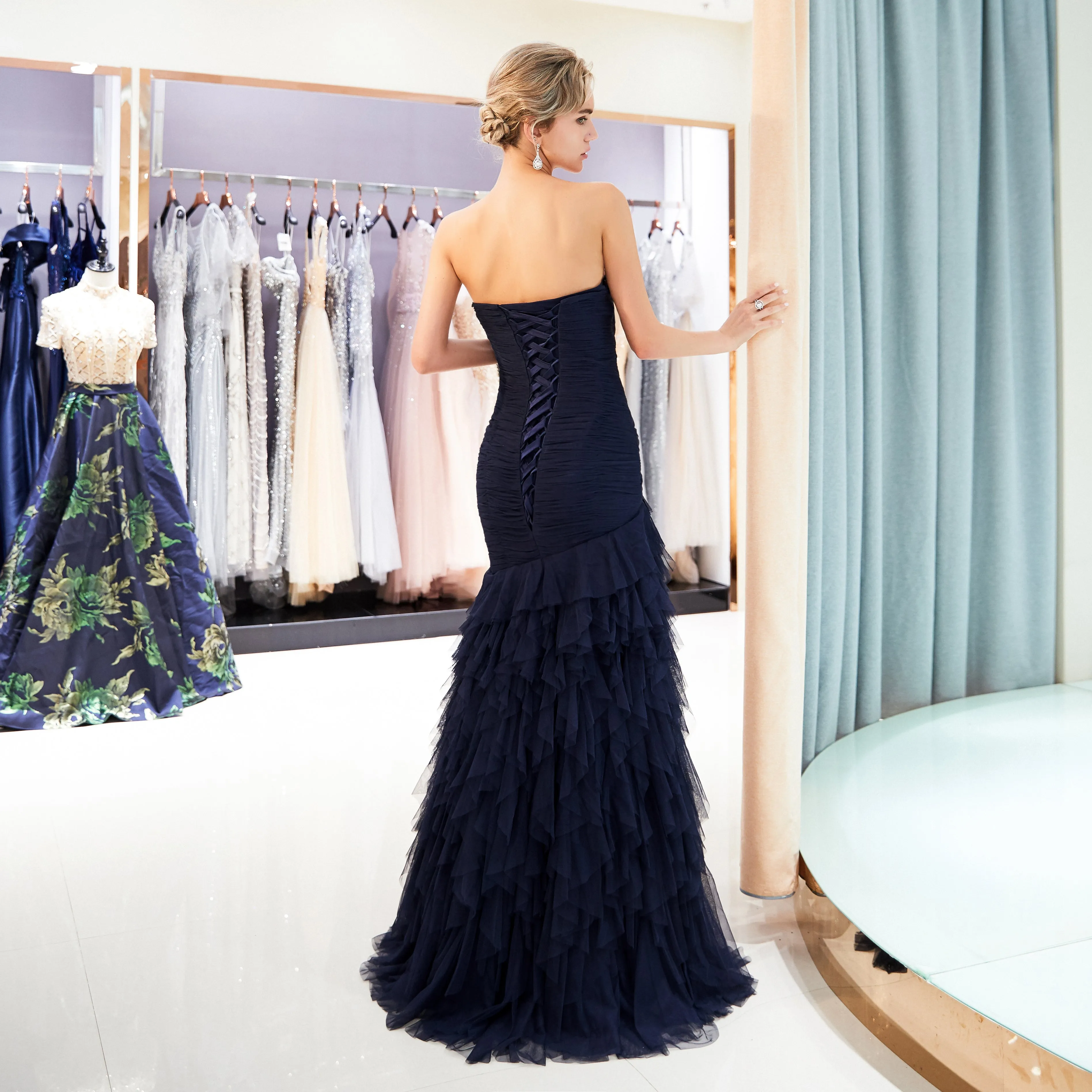 Navy Mermaid Prom Dress with Sleeveless Design and Sweep Train - Optimized for E-commerce