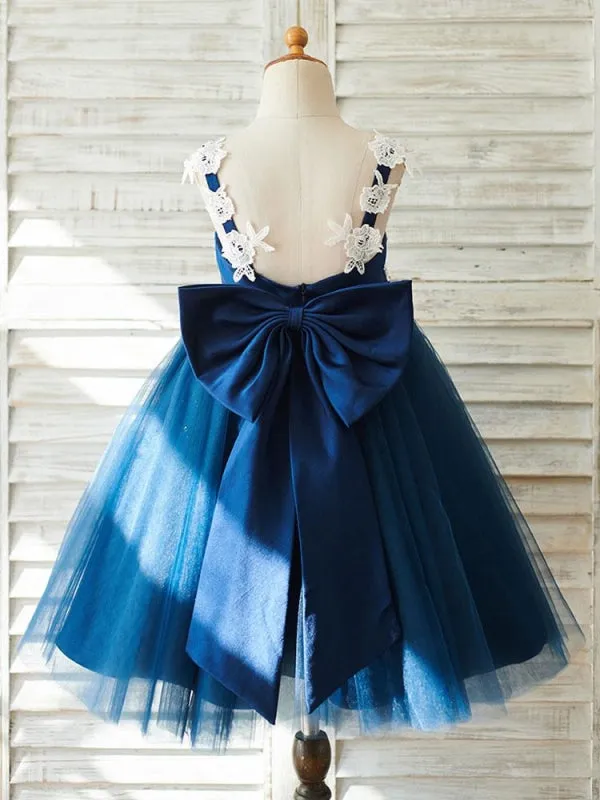 Sleeveless V-Neck Dark Navy Kids Party Dresses Flower Girl Dresses with Bows