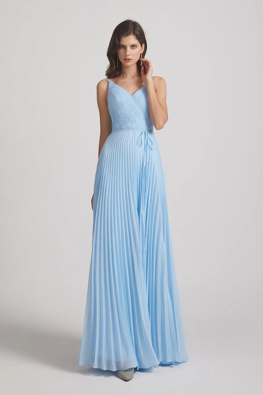 Spaghetti Straps V-Neck Pleated Blue Chiffon Bridesmaid Dresses (AF0053)