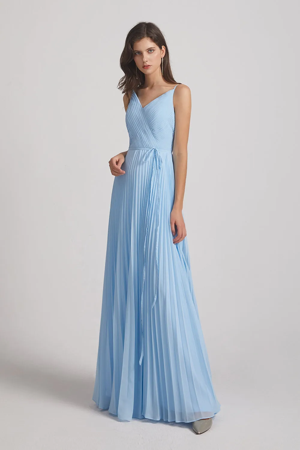 Spaghetti Straps V-Neck Pleated Blue Chiffon Bridesmaid Dresses (AF0053)