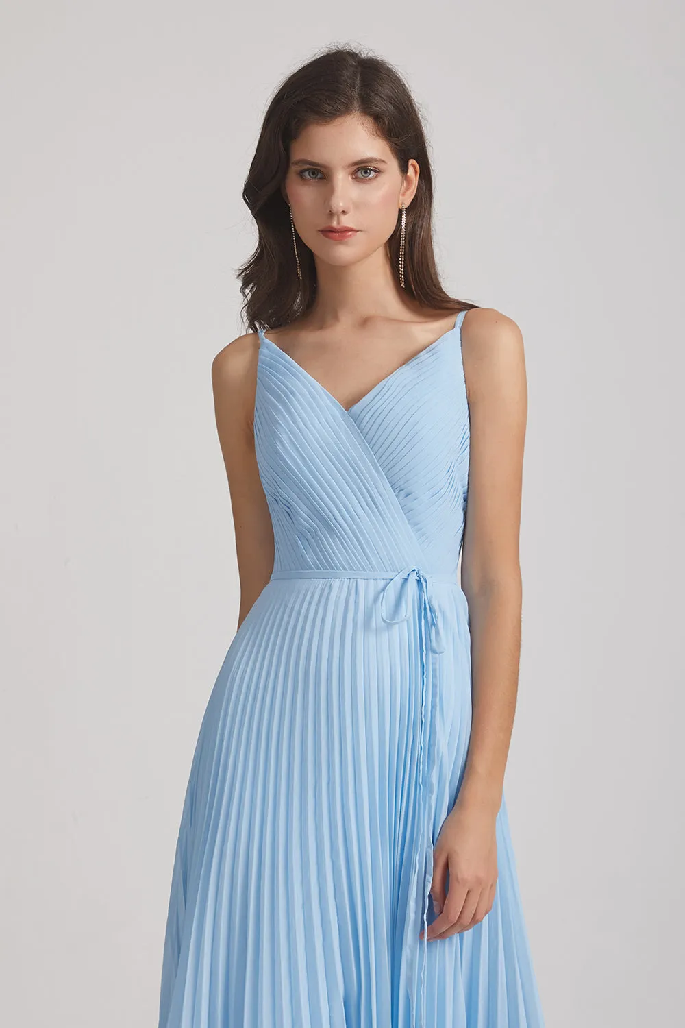 Spaghetti Straps V-Neck Pleated Blue Chiffon Bridesmaid Dresses (AF0053)