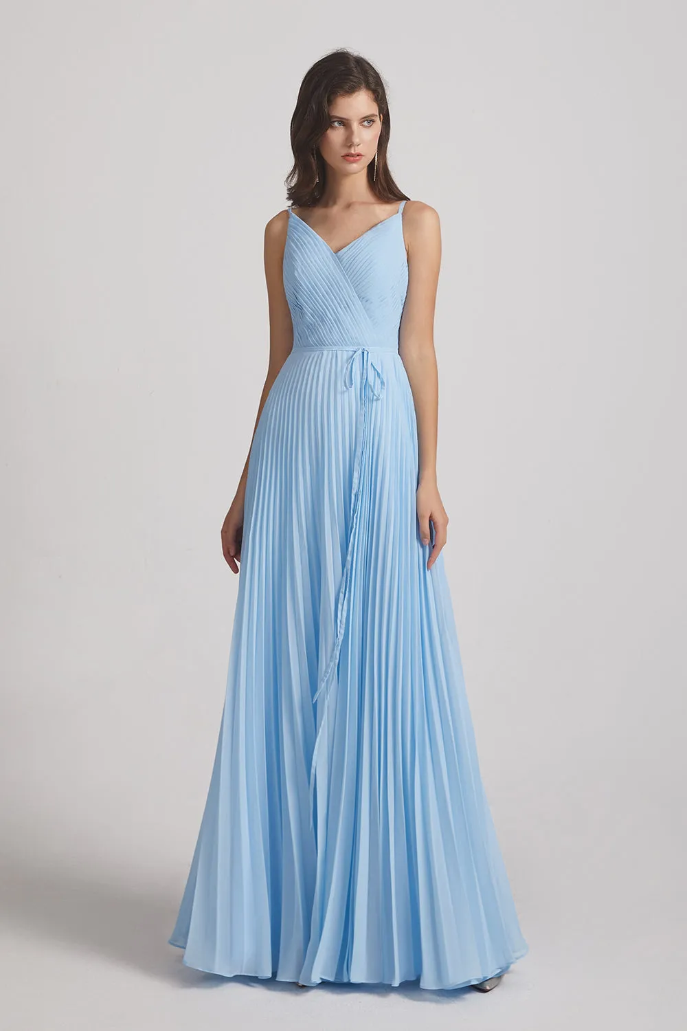 Spaghetti Straps V-Neck Pleated Blue Chiffon Bridesmaid Dresses (AF0053)