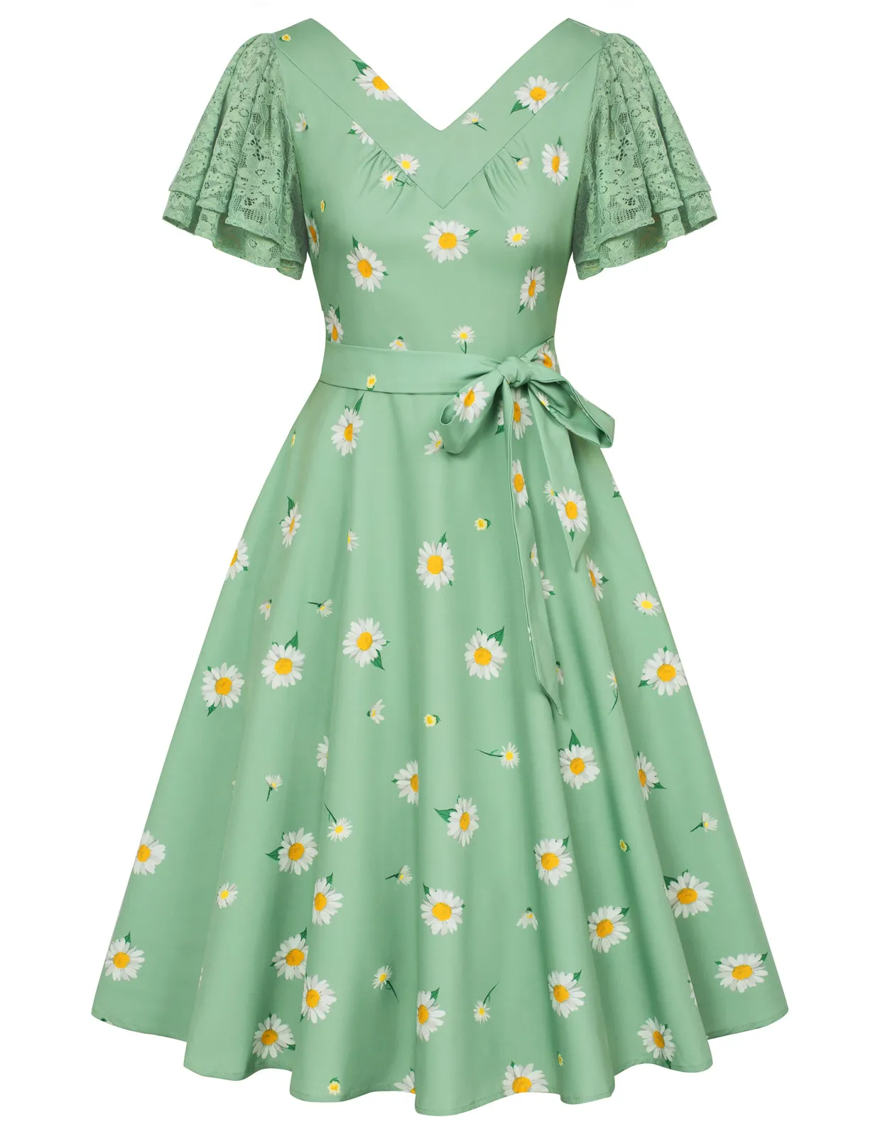 Summer Short Puff Sleeve Cocktail Floral Patterns Dress Vintage V-Neck A Line Swing Dresses with Belts