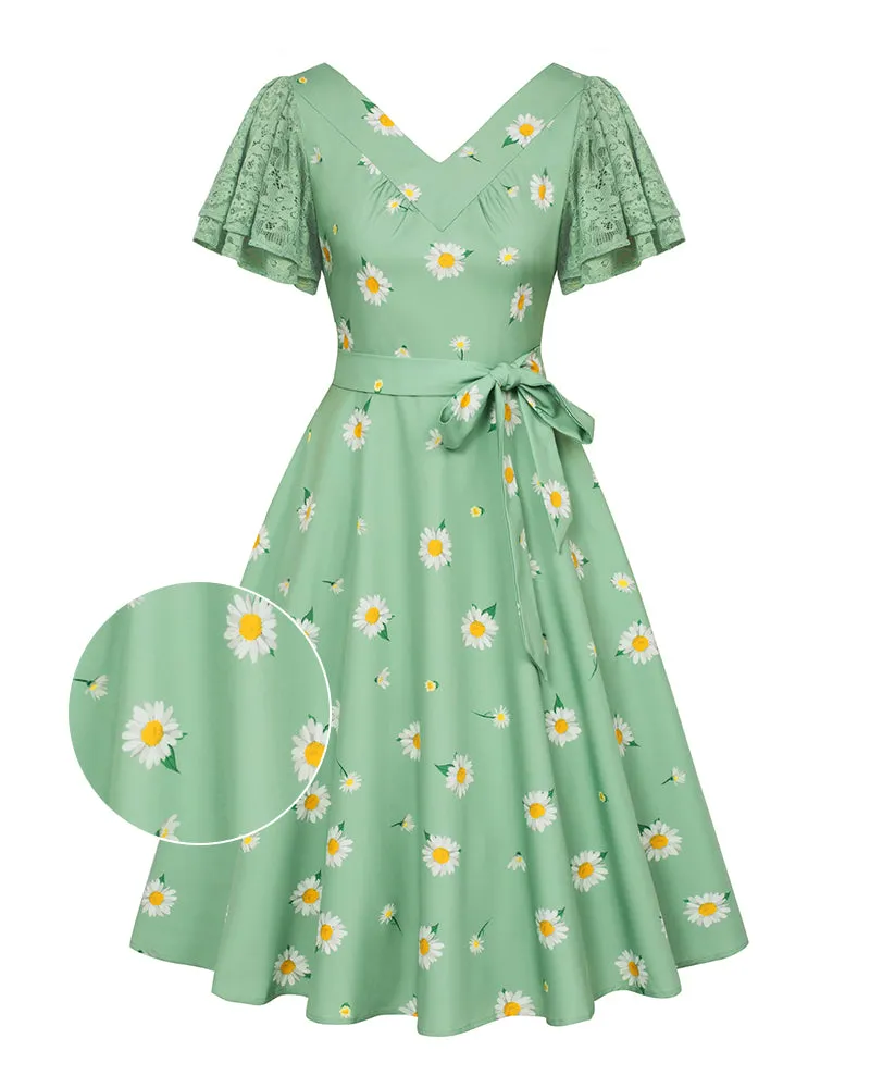 Summer Short Puff Sleeve Cocktail Floral Patterns Dress Vintage V-Neck A Line Swing Dresses with Belts