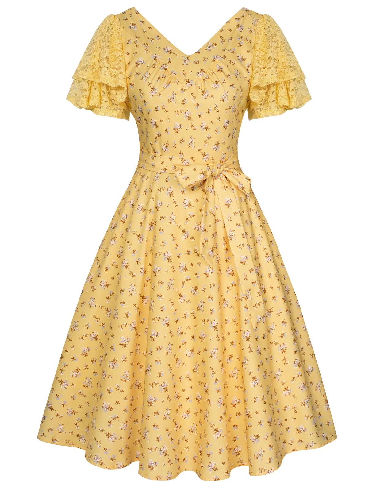 Summer Short Puff Sleeve Cocktail Floral Patterns Dress Vintage V-Neck A Line Swing Dresses with Belts