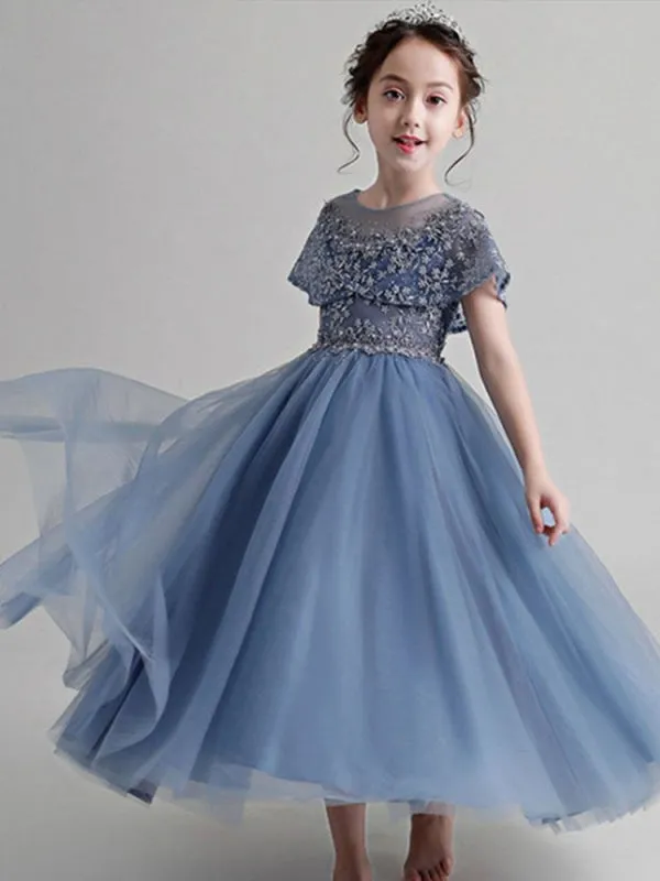 Tulle Sleeveless Flower Girl Dresses Jewel Neck Ankle Length Princess Embroidered Kids Party Dresses