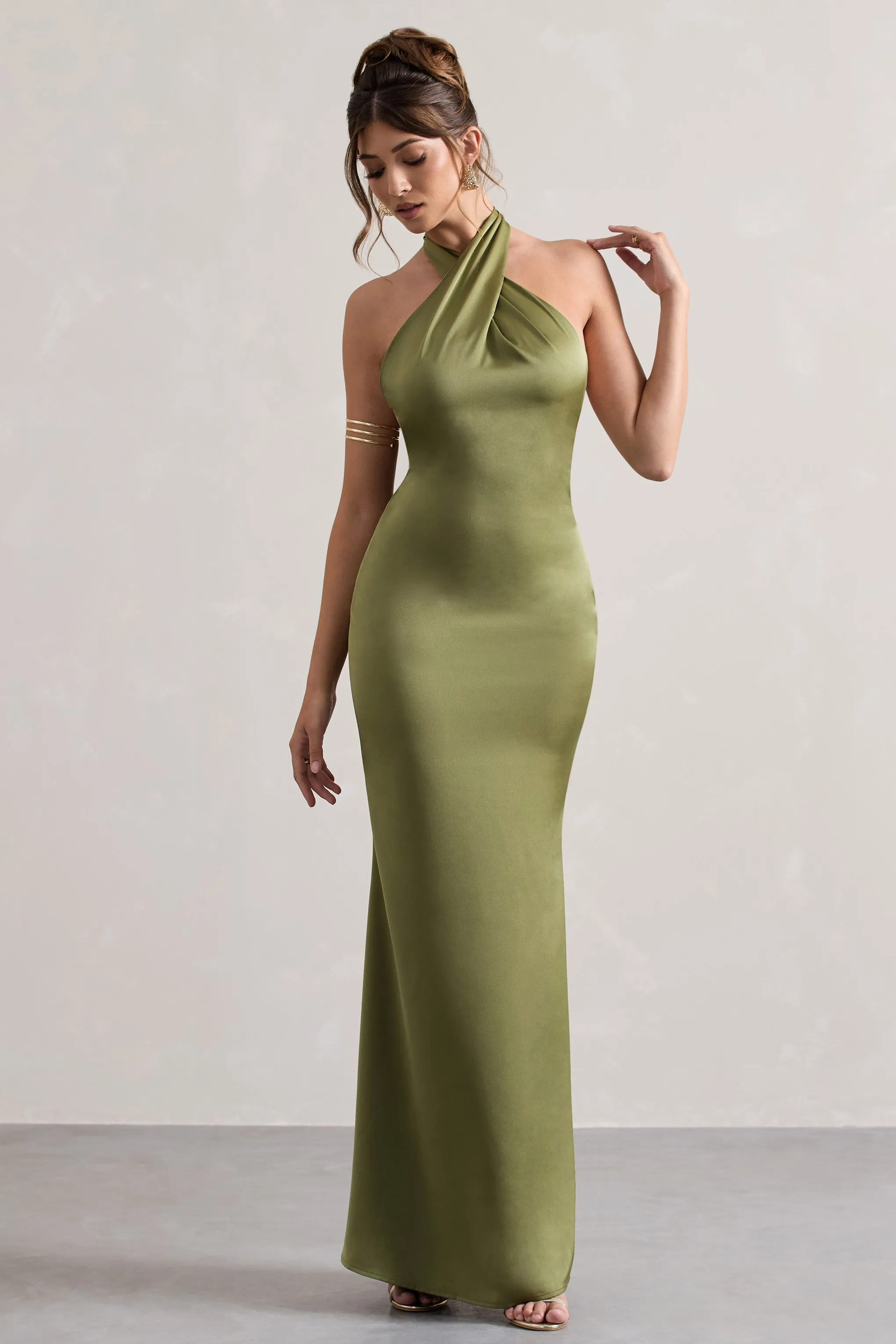 Unbeatable | Olive Satin Cross Over Halter-Neck Maxi Dress