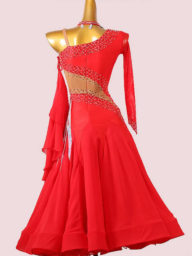 Unique One Sleeve Red Ballroom Dress | MD1236