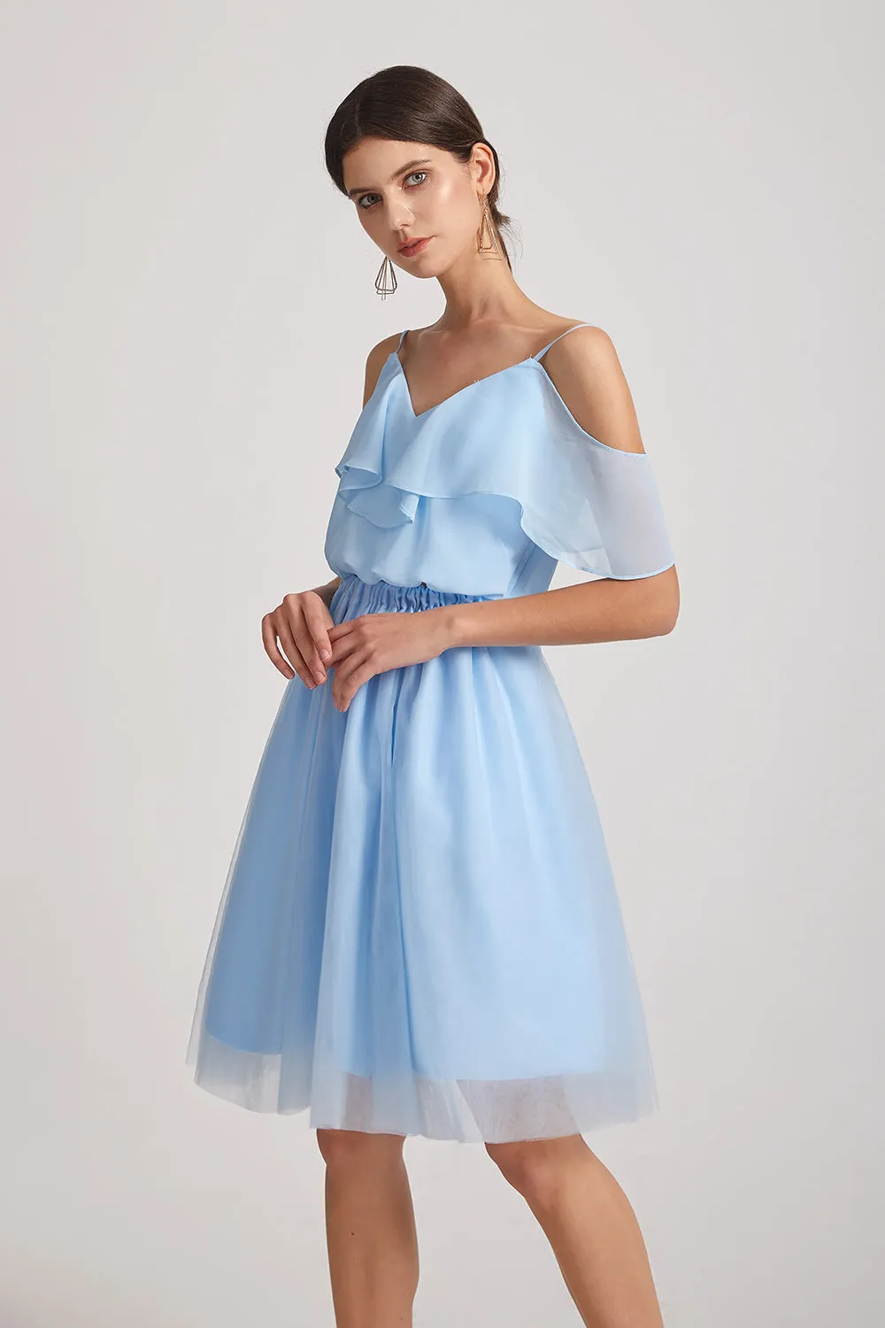 V-Neck Cold Shoulder Two Piece Short Chiffon Tulle Bridesmaid Dresses (AF0187)