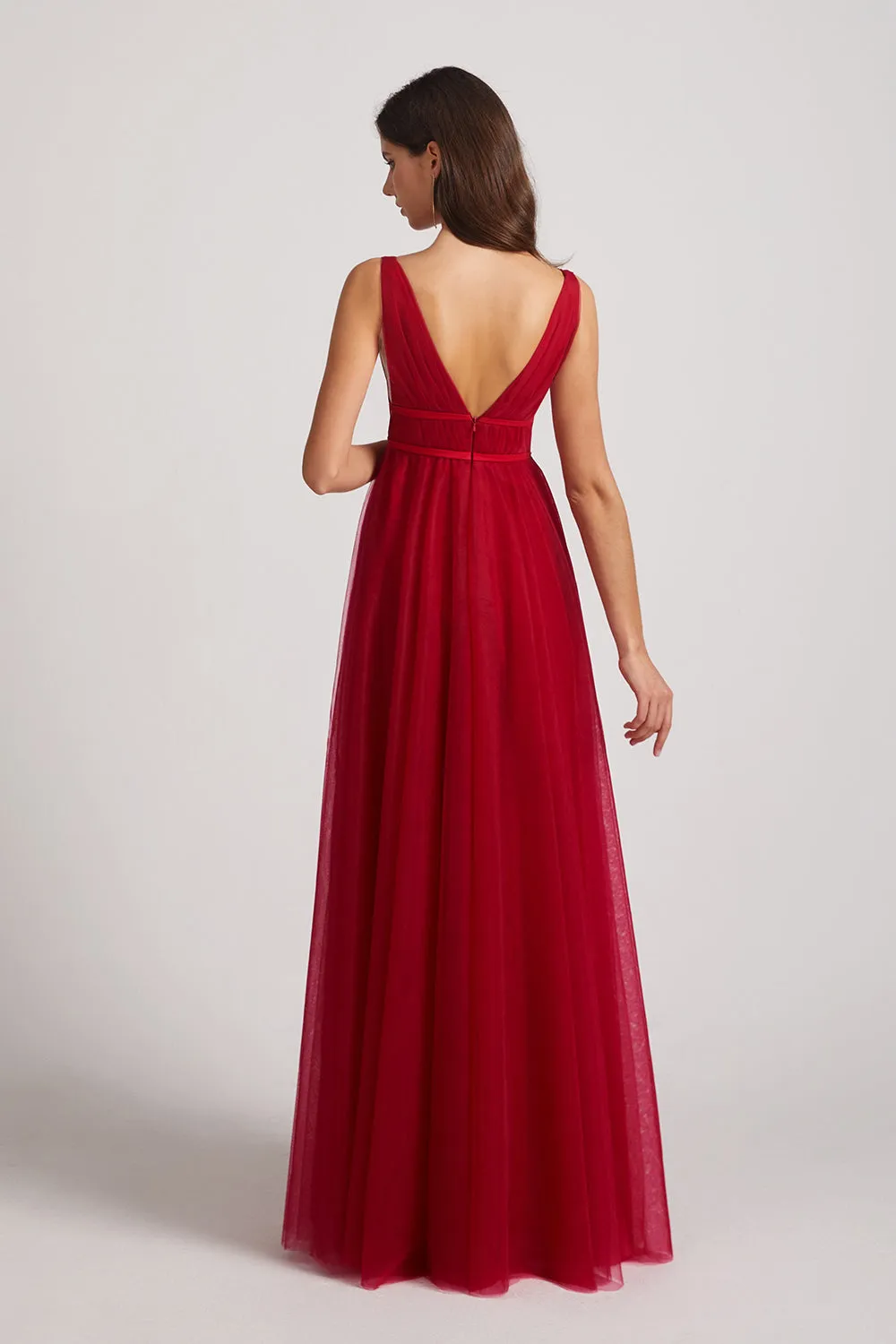 V-Neck Sleeveless A-Line Tulle Long Bridesmaid Dresses (AF0152)