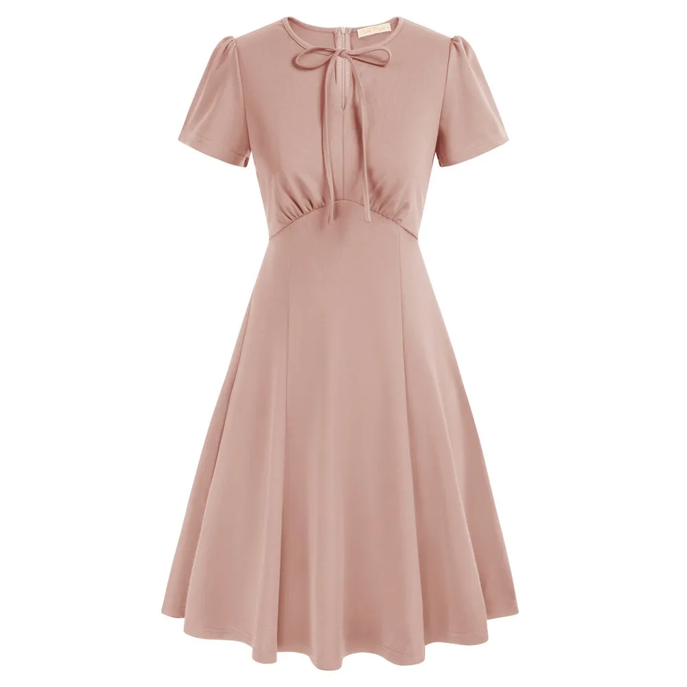 Vintage A-Line Swing Dress Keyhole Tie Dress Round Neck Work Dress Tea Dress