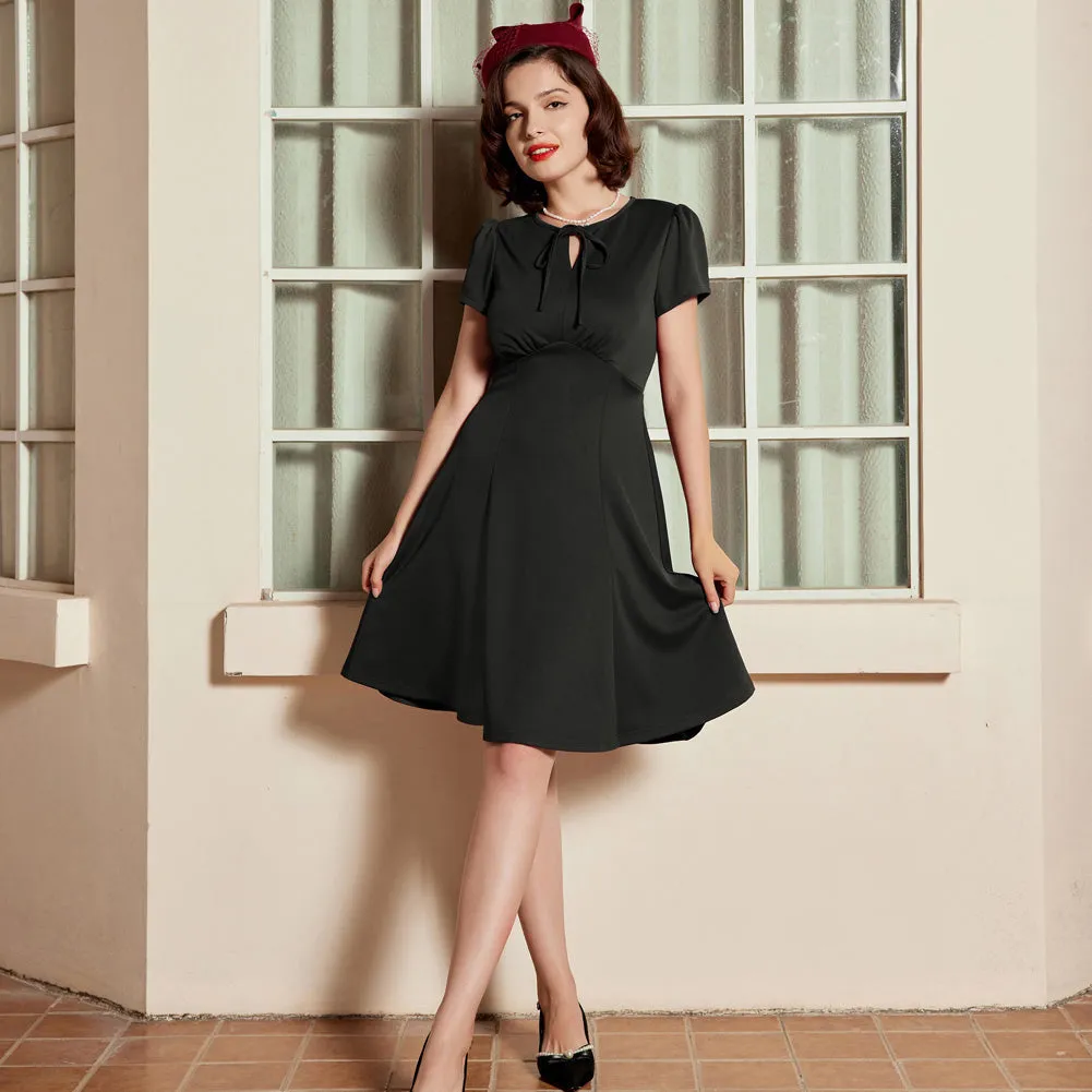 Vintage A-Line Swing Dress Keyhole Tie Dress Round Neck Work Dress Tea Dress