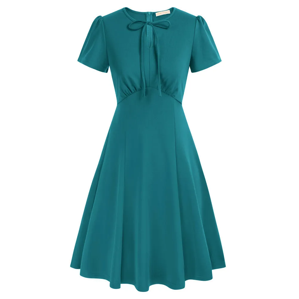 Vintage A-Line Swing Dress Keyhole Tie Dress Round Neck Work Dress Tea Dress