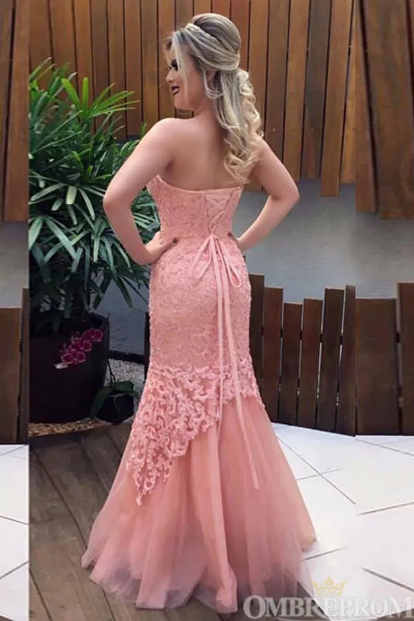 Vintage Pink Sweetheart Strapless Tulle Lace Mermaid Prom Dresses